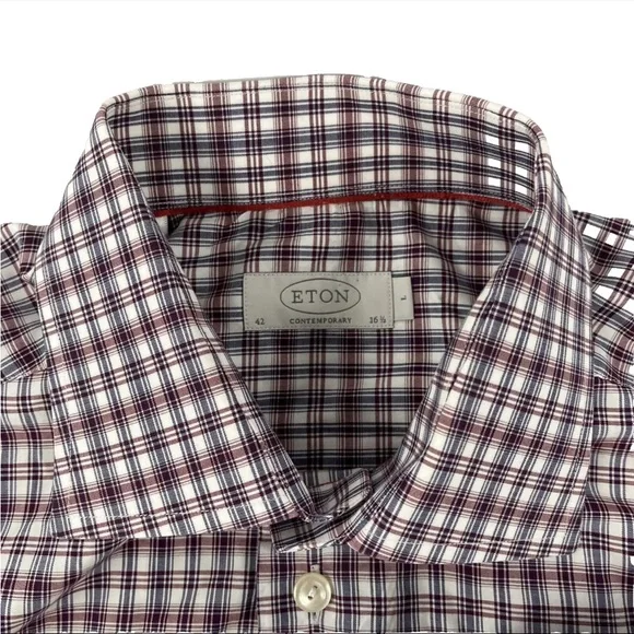 Mens Eton Contemporary Button Up Dress Shirt Sz 16-1/2 Large 42 Wine Blue Plaid - Picture 2 of 7